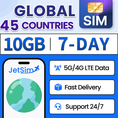 Global (USA, France, and more) Travel SIM Card 10GB High-Speed Data 7 Day JetSim