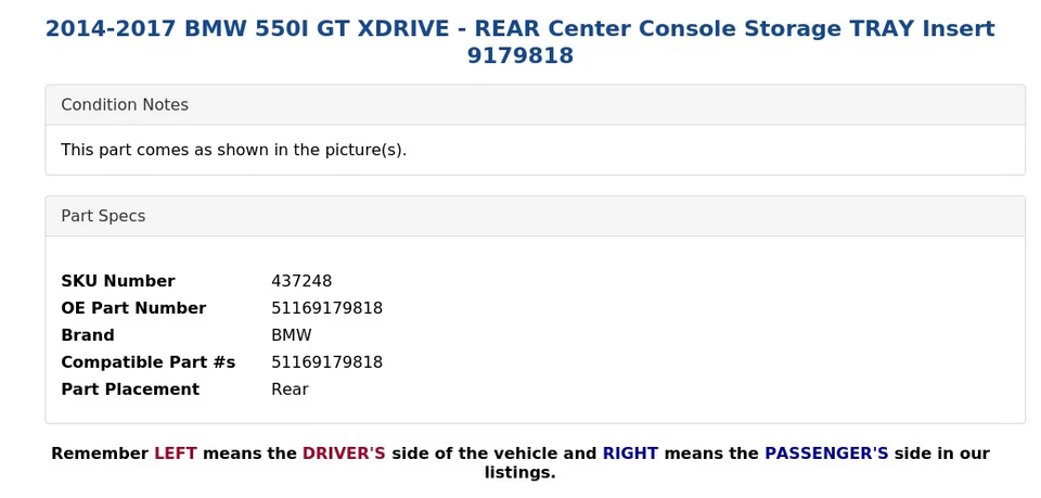 BMW 550I GT XDRIVE 2014-2017 - Consola central trasera bandeja de almacenamiento inserción 9179818 Foto 4 de 4