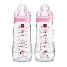 MAM Easy Active Baby Bottles 2 Pack 11oz Pink Ergonomic Leak Proof Design