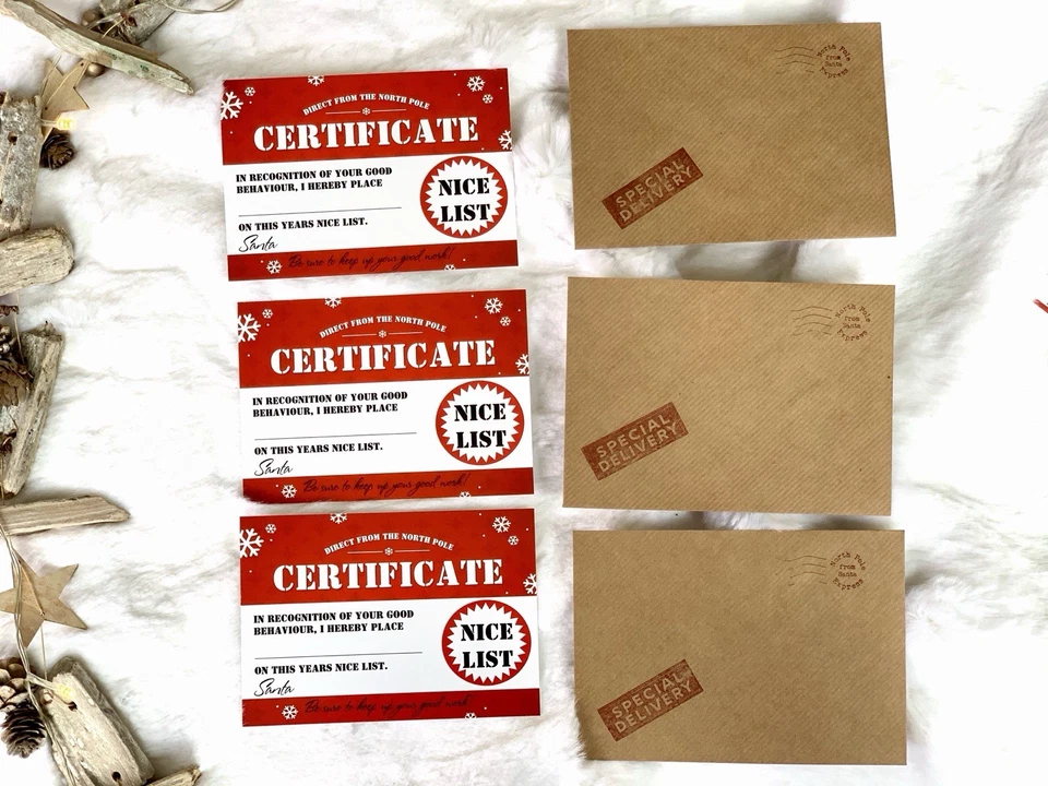 TOY BOX ON THE BOOK SHELF Nice List Certificates, Santa, North Pole Stamped On The Elf Letter Envelopes X3