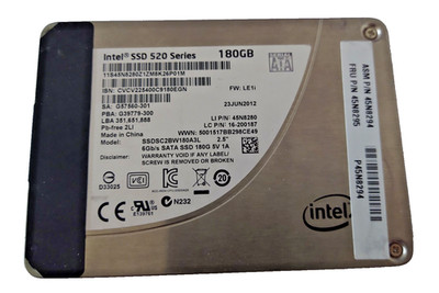 INTEL 180GB SSD SATA 520 SERIES SSDSC2BW180A3L S/N: CVCV225400C9180EGN #NFP3154