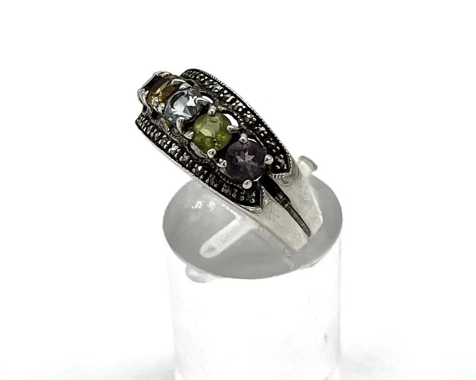 925/- Ring, Granat, Citrin, Aquamarin, Peridot, Amethyst, Markasiten, Gr. 59 - Bild 2 von 3