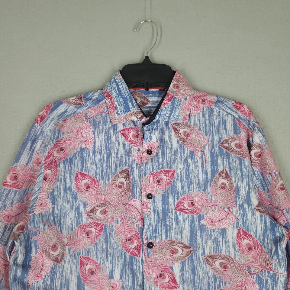 Camisa de Valiant Paris Para Hombre S Azul Rosa Abotonada Manga Larga Floral Abstacto Foto 2 de 4