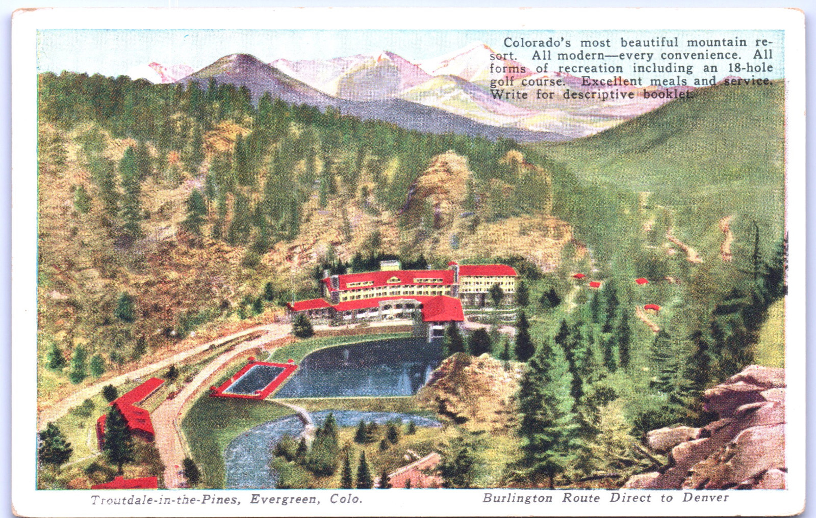 Postcard CO Aerial View TroutdaleinthePines Resort Evergreen c.1910s