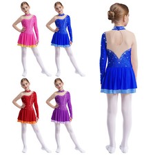 Kids Girls Dress Gymnastics Dancewear Mesh Dresses Long Sleeve Figure Skating