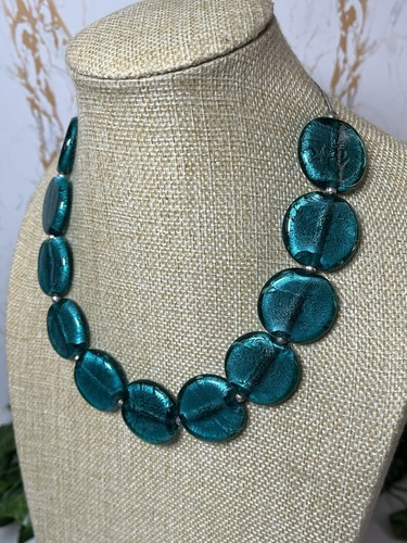 Statement Turquoise Green Glass Flat Round Bead Chain Strung Collar Necklace 237 - Picture 4 of 11