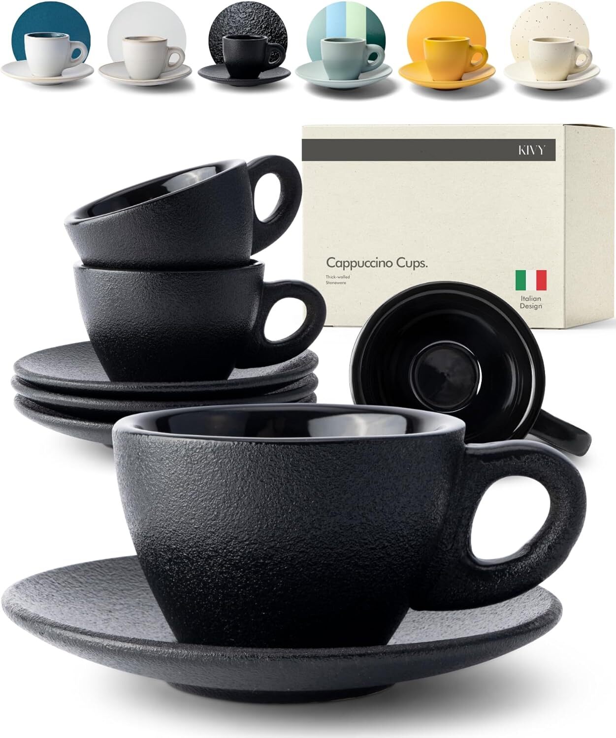 Cappuccino Cups Set of 4 [8oz] - Thick-Walled Stoneware Cup 
