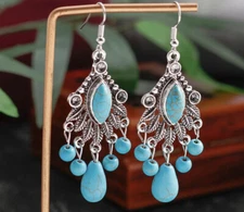 Blue Chandelier Earrings , Big Blue Earrings , Blue Silver ,  Bohemian