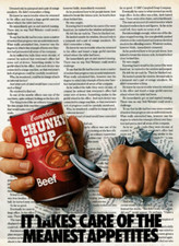 1989 Vintage Print Ad Campbell's Chunky Soup Beef It Takes Care Meanest Appetite