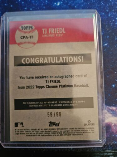 2022 Topps Chrome Platinum Blue Prism TJ Friedl RC Auto /99 Reds - Bild 2 von 2