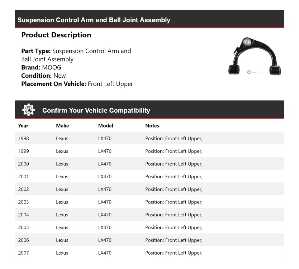 Conjunto de rótula de brazo de control delantero izquierdo superior MOO para Lexus LX470 1998-2007 Foto 2 de 4