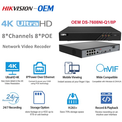 Hikvision OEM 8CH 8POE 4K 1SATA NVR DS-7608NI-Q1/8P Smart Events with Hard Disk - Picture 1 of 12