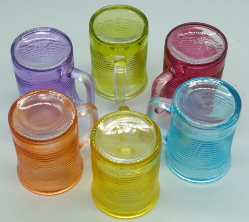 Antique EAPG Set of 6 Colored Ribbed Child-Size Mugs