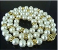 Beautiful AAAAA 9-10mm White Natural Akoya Pearl Necklace 20" 14k Gold Clasp