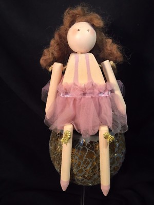 Ballerina doll, 9'', Handcrafted wood, hand painted, with pink tutu, ballet