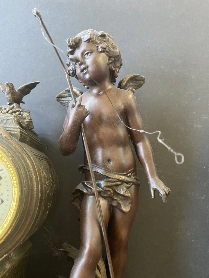 Antique French Bronze Marbel Mantel Clock With Angel Statue And 2 Vases - Image 3 of 4