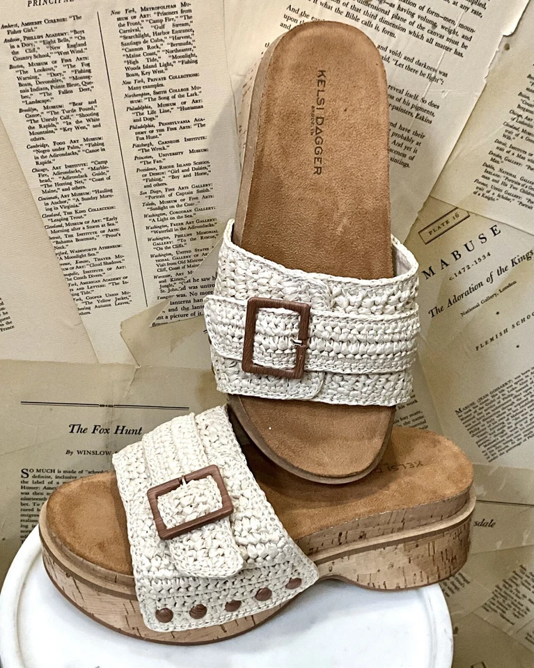 Sandalias planas de corcho Kelsi Daggar Paulie marfil concha crochet suela de corcho 7 NUEVAS Foto 2 de 4