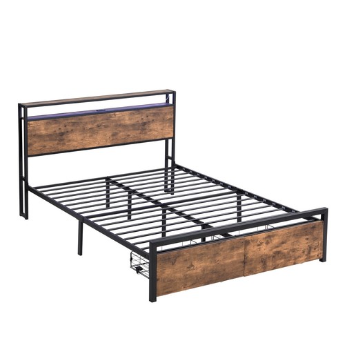 Queen Bed Frame with LED Headboard Metal Platform Bed with 2 Storage Drawers - Picture 15 of 17