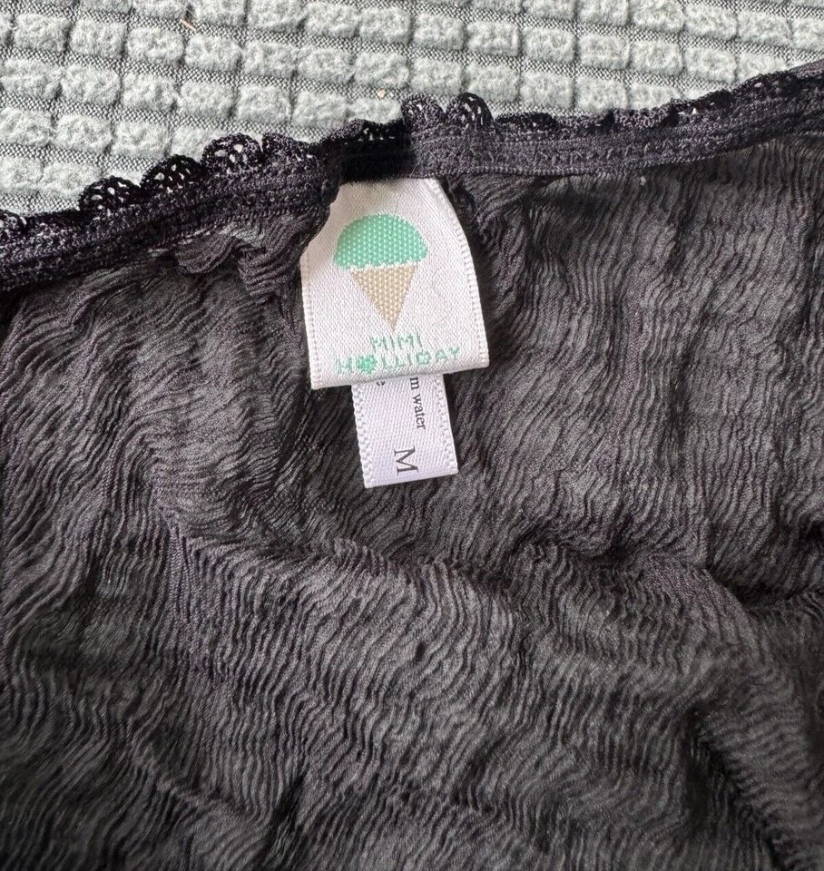 Ropa interior de bikini MIMI HOLLIDAY de encaje negro transparente con bordado colorido M Foto 4 de 4