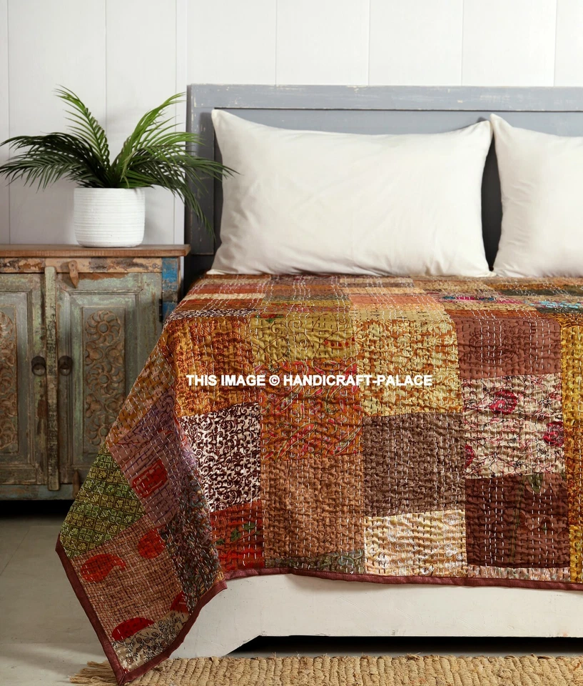 Colcha Kantha vintage retazos india hecha a mano edredón seda tiro queen marrón Foto 2 de 4