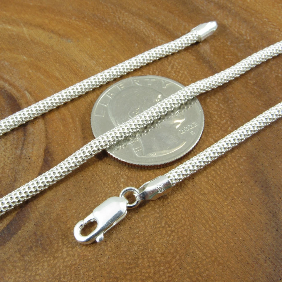 Collar de cadena de malla de palomitas de maíz italiano de plata de ley 925 maciza de 3 mm para mujer, Italia