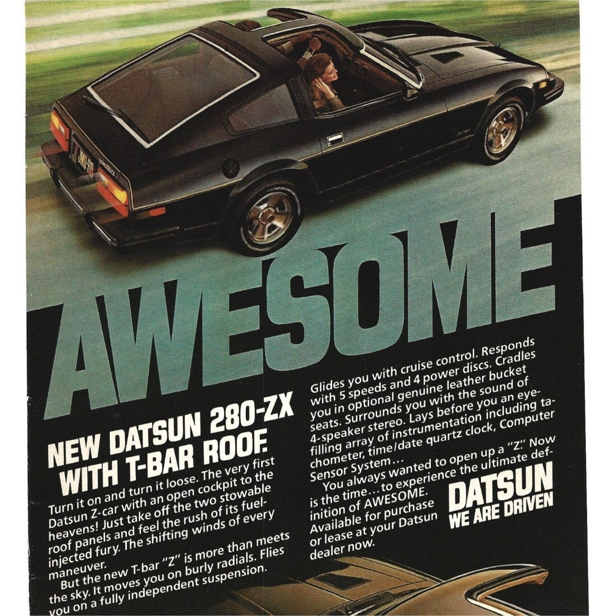 Nissan Datsun T Bar Roof 280 ZX Sports Car 1980s Vintage Print Ad