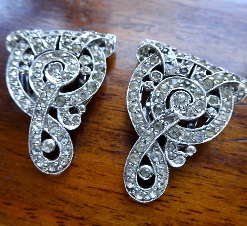 PAIR antique art deco clear rhinestone geometric spiral dress clip brooch -517 - Picture 2 of 3