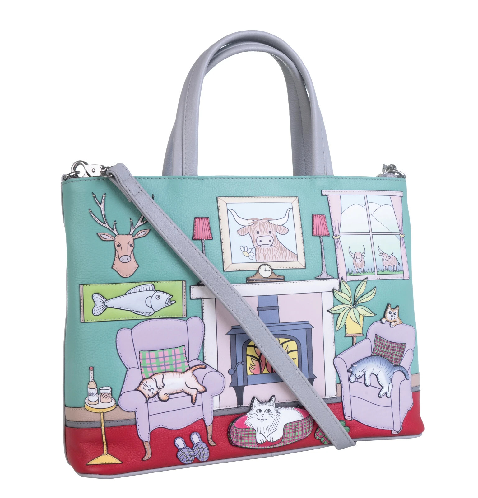 Mala Leather Hamish's House Cat Grey Large Grab Shoulder Handbag Dust Bag 7334