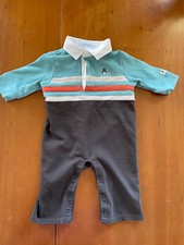 Janie and Jack Vintage Aqua/Brown Colorblock Knit Coverall-0-3 Mos