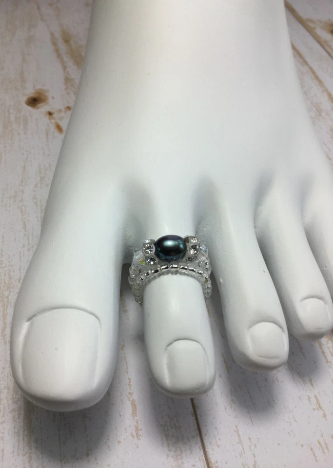 Tobillera hecha a mano de cristal madreperla con elementos de Swarovski + anillo de dedo del pie gratis EE. UU. Foto 2 de 4