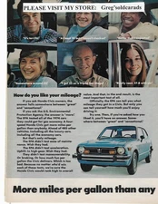 Original 1974 Honda Civic two page vintage print ad:  "More miles per gallon