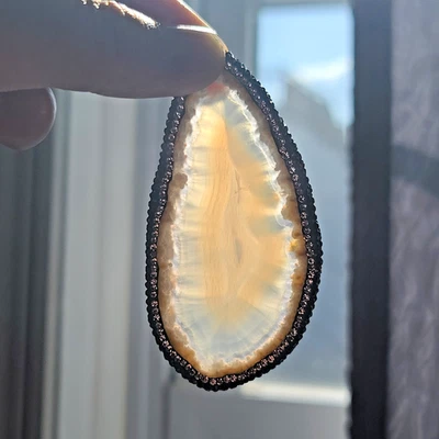 Agate Slice Pendant Necklace w Rhinestone Edge & Turquoise Heart Tag, 18", gift - Image 1 of 4
