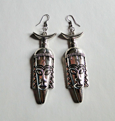 Silver African Tribal Fertility Mask Drop Pirced Earrings