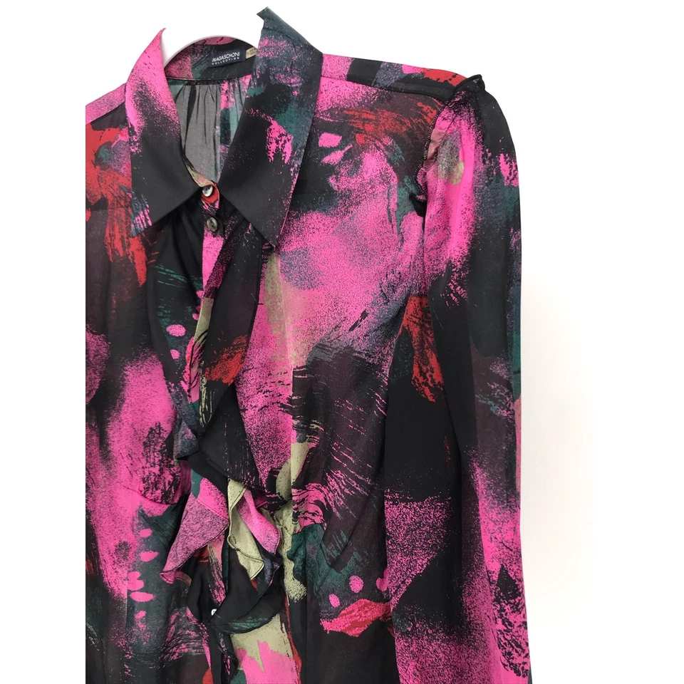 Magaschoni 系列黑色粉红色荷叶边透明领衬衫 10 码 — 第 3/4 张图片