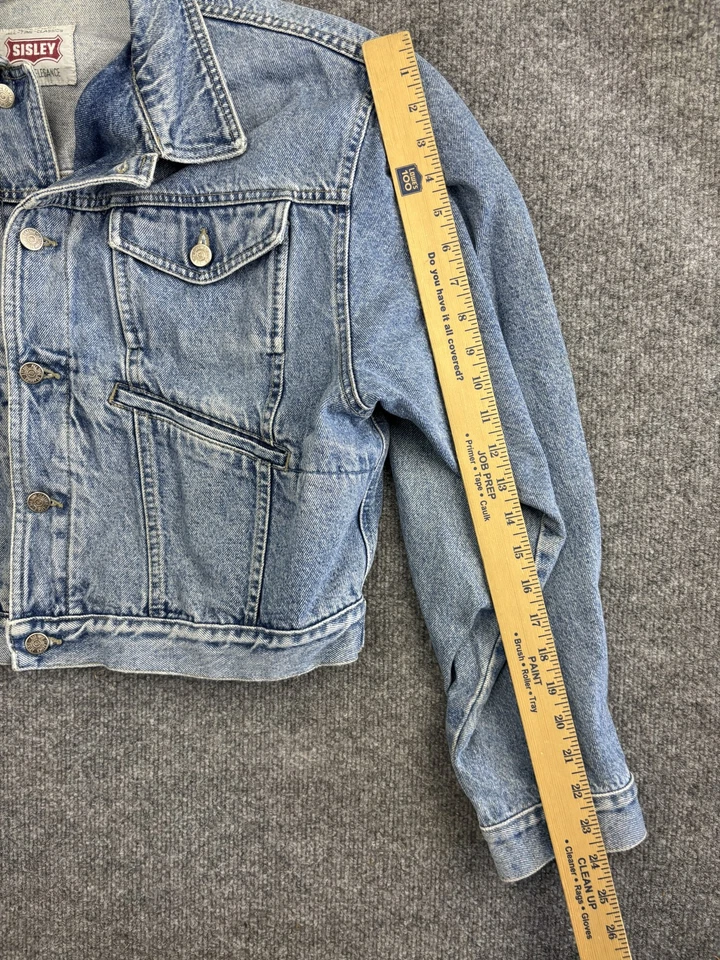 Chaqueta vaquera vintage Sisley para mujer pequeña azul recortada camionero Italia relajada años 90 Foto 4 de 4