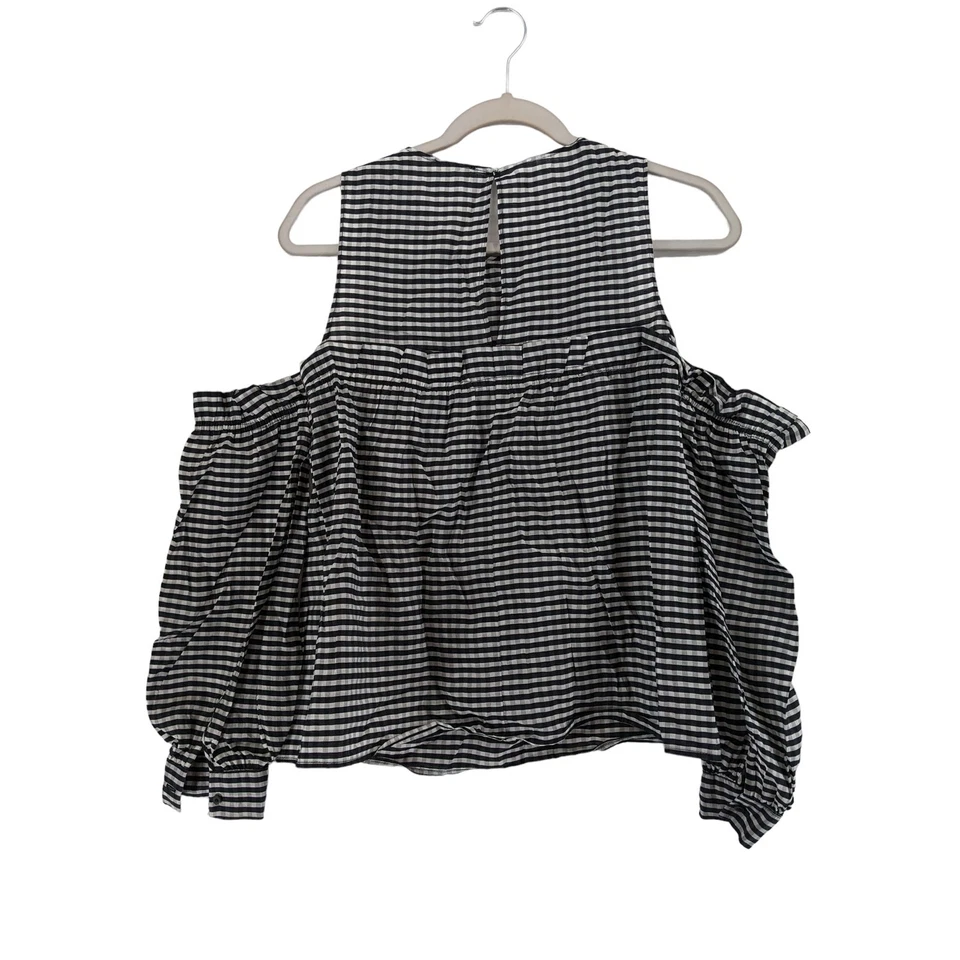 H&M Checked Blouse XS Black White Cold Shoulder Ruffle Long Puff Sleeve Office - Image 3 of 4