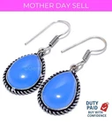 925 Silver Natural Blue Chalcedony Birthday Channel Set Dangling Sister Earrings