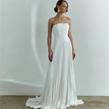 Elegant Pleated Satin Strapless Wedding Dresses Side Zipper A Line Bridal Gowns