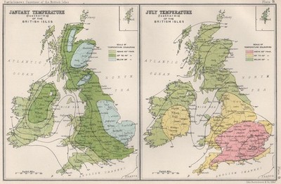 BRITISH ISLES ISOTHERMS. Januar & Juli Temperatur. Bartholomäus 1904 alte Karte
