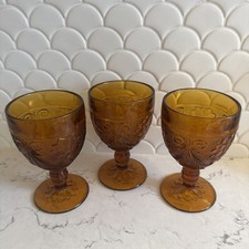 Vintage MCM Set of 3 Indiana Glass Tiara Amber Goblets, 5.5 in