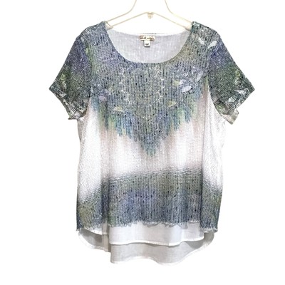 World Unity Blouse Mesh Overlay Womens Sz XL Blue Green White Ombre Short Sleeve