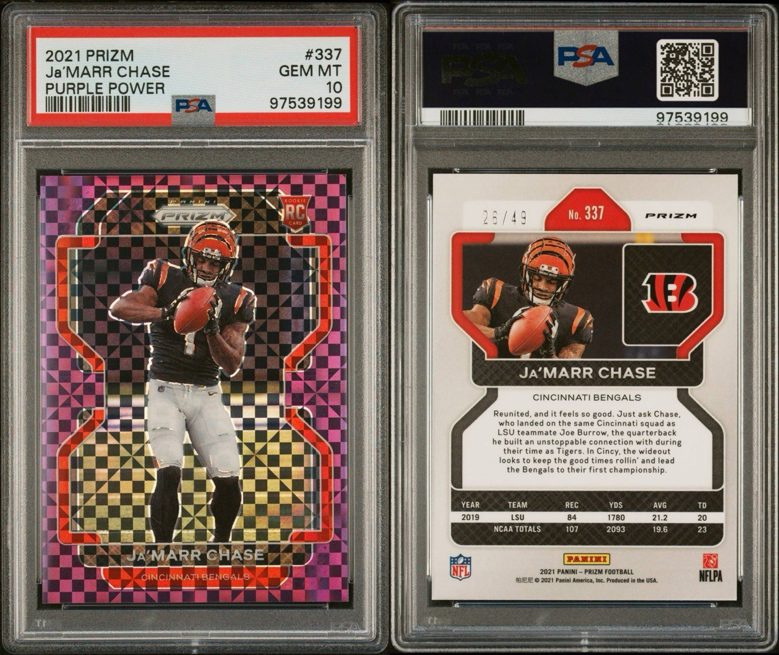 Panini 2021 Prizm Ja'Marr Chase RC #337 Purple Power Prizm /49 PSA 10 RARE 🔥 view 3