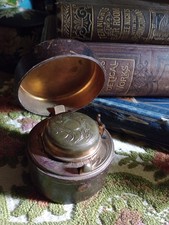 Antique Travel Inkwell, Glass Inkwell in a Leather & Brass Case, Victorian