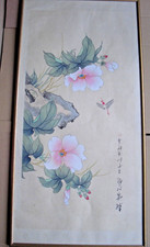 Seidenmalerei Asiatika China Hibiskusblüten Libelle signiert Stempel 80x40