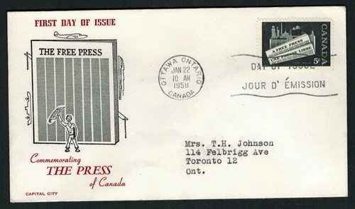 Canada #375, 1958 5¢ 'Free Press', Capital City cachet, F/VF-raised thermal ink