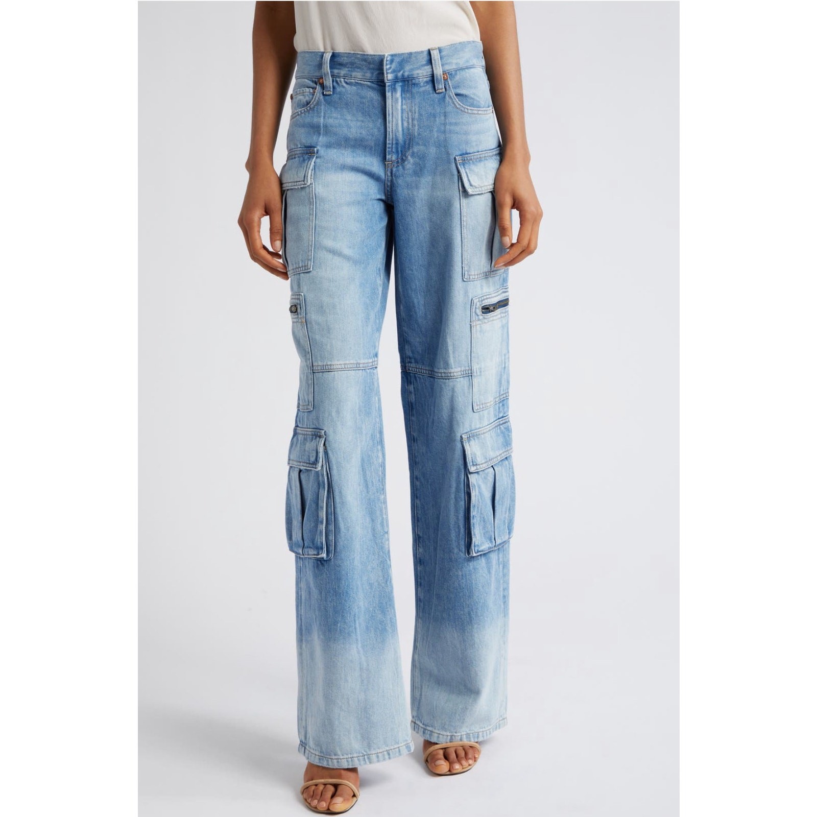 Alice + Olivia Cay Ombré Light wash Wide Leg Cargo Jeans Size 31 Baggy High Rise