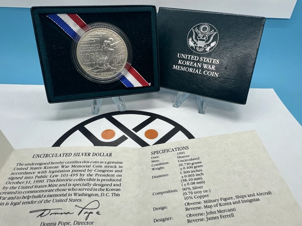 1991 D BU Korea 90% Silver Dollar Korean War Coin with US Mint Box and COA - Image 3 of 3