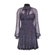 Elie Tahari Purple Silk Paisley Mini Dress Long Sleeve Velvet Trim Boho Fairy