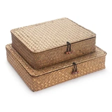 Flat Seagrass Storage Bins with Lid, Wicker Basket for Shelf Organize, Set of...
