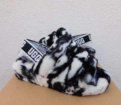 UGG BLACK FLUFF YEAH MARBLE SLIDE SHEEPSKIN SLIPPER SANDALS, US 7/ EUR 38 ~NIB